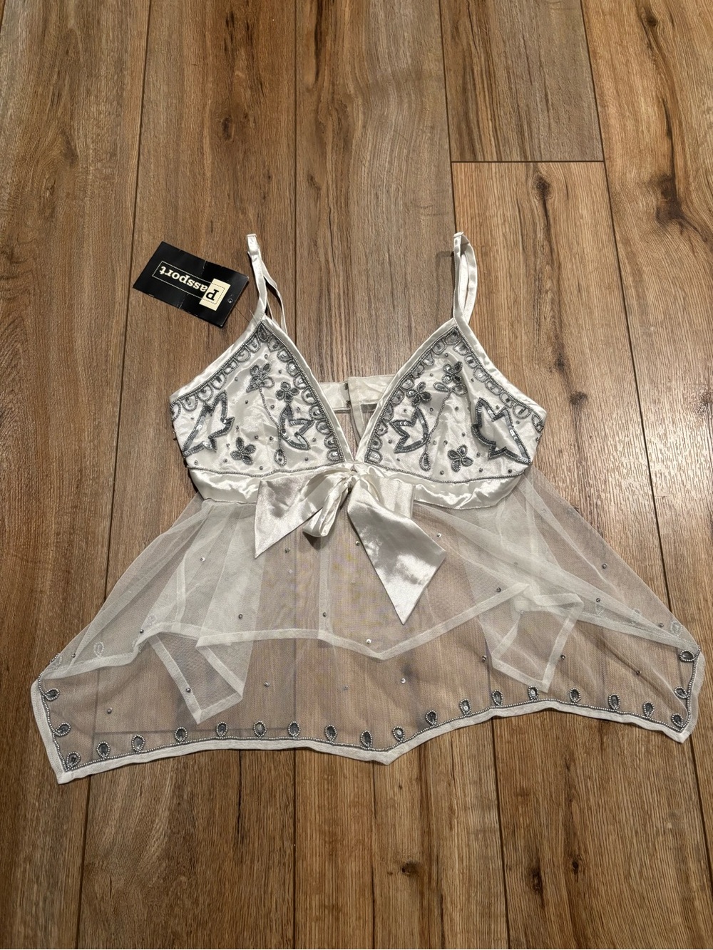 New Deadstock Vintage Y2K Beaded Sequin White Babydoll Top by Passport
